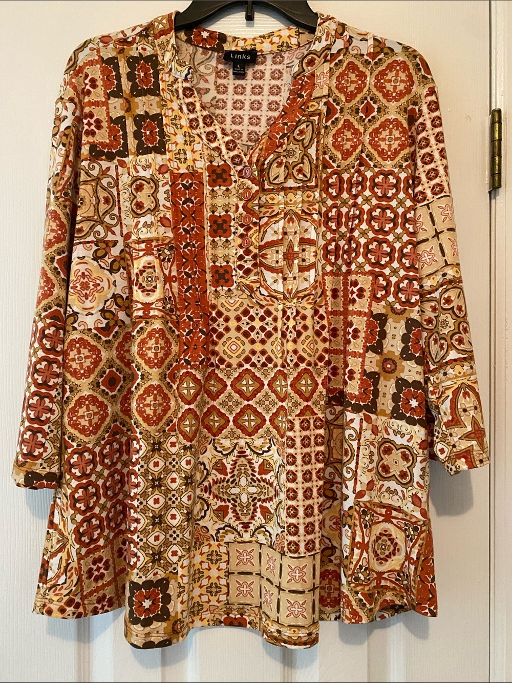 Link Patchwork Print Long Sleeve Tunic in Rust and Cream